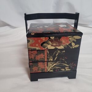 Vintage Japanese Black Laquerware 3 Tier Bento Trinket Box